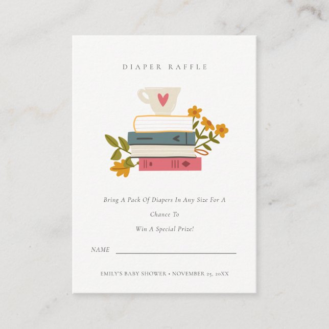 Tarjeta De Recepción Libros apilados Diaper Floral Mamá Raffle Baby Sho (Anverso)