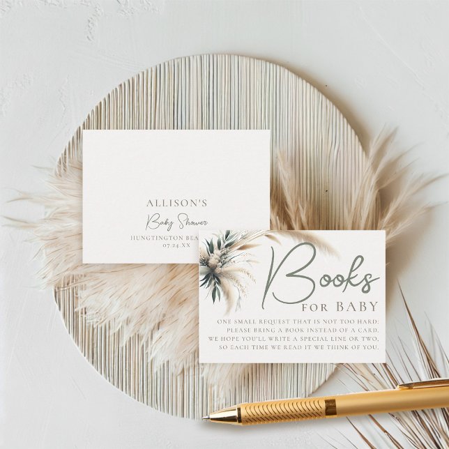 Tarjeta De Recepción Libros Baby Shower Boho Pampas Greenery Neutral (boho baby shower books for baby card pampas greenery watercolor sage green beige neutral)