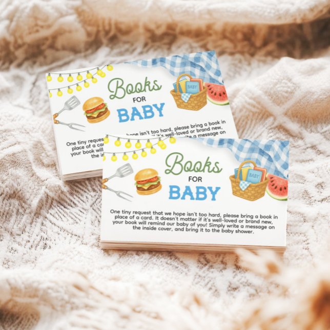 Tarjeta De Recepción Libros Baby Shower de barbacoa azul para bebé (Blue BBQ Baby Shower Books for Baby Enclosure Card)