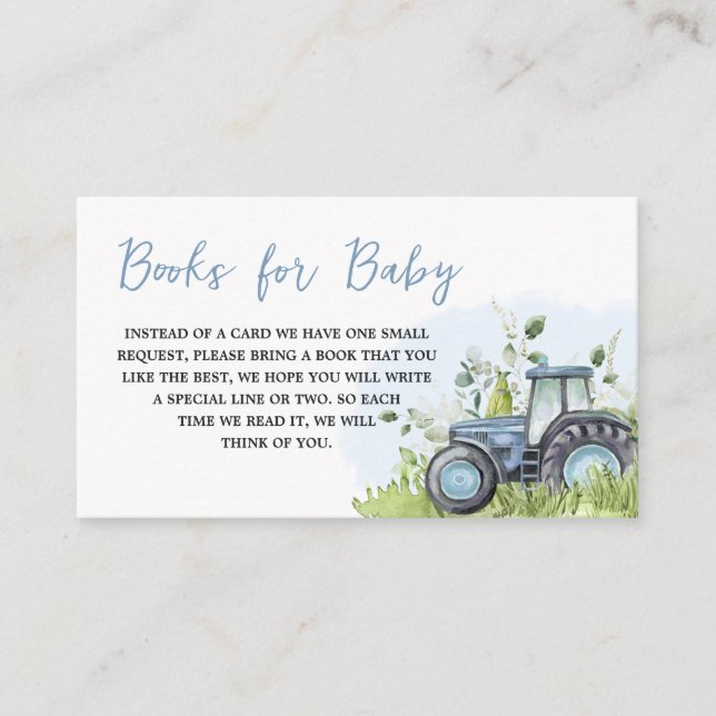 Tarjeta De Recepción Libros Baby Shower de Blue Tractor para bebé (Anverso)