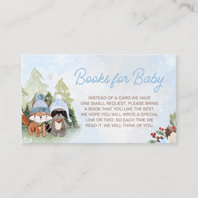 Tarjeta De Recepción Libros Baby Shower de Blue Winter Woodland para be (Anverso)