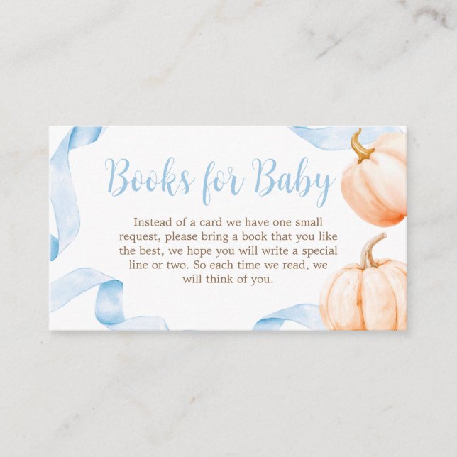 Tarjeta De Recepción Libros Baby Shower de calabaza azul para bebé (Anverso)