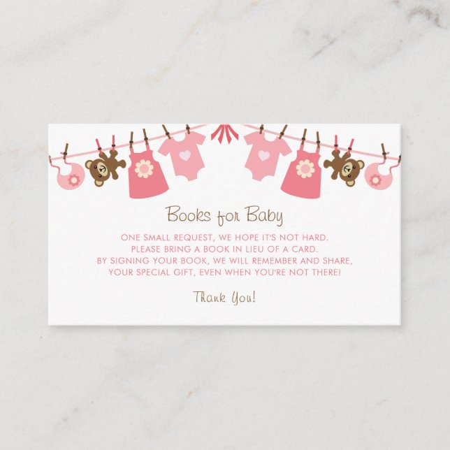 Tarjeta De Recepción Libros Baby Shower de Chica rosa dulce para bebé (Anverso)