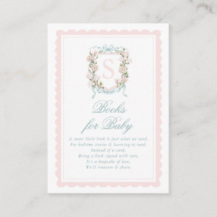 Tarjeta De Recepción Libros con lazo rosa y cresta floral para bebé