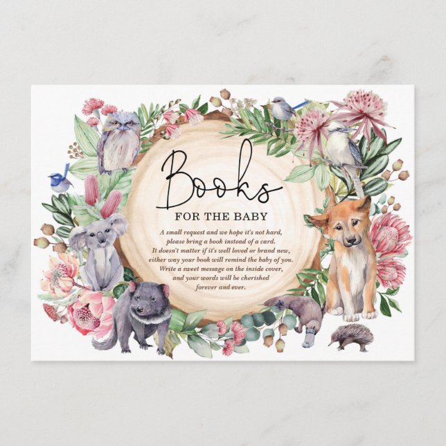 Tarjeta De Recepción Libros de animales de Australia con flores rustica (Anverso)