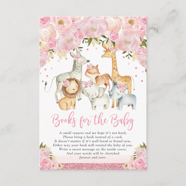 Tarjeta De Recepción Libros de animales de safari con flores rosadas de (Anverso)