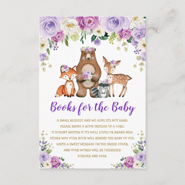 Tarjeta De Recepción Libros de animales Púrpura Gold Floral Woodland pa (Anverso)