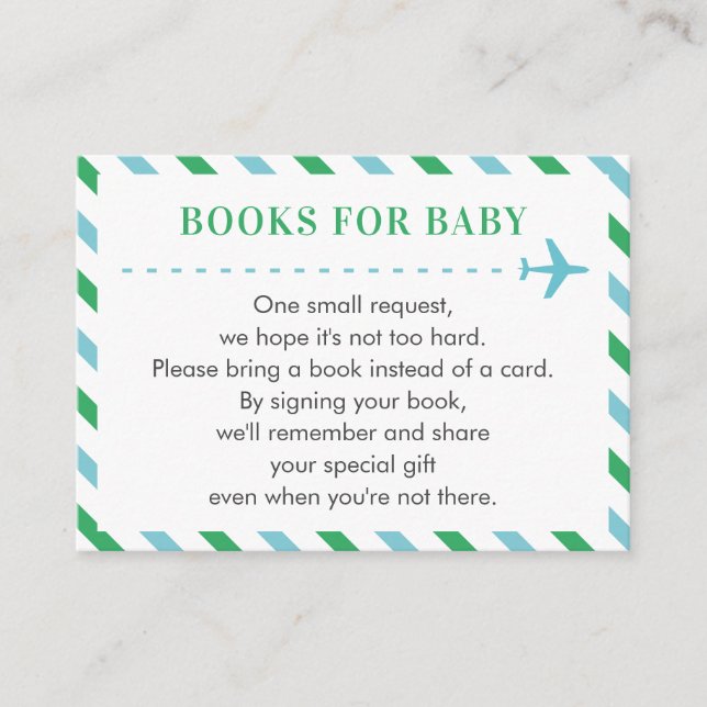 Tarjeta De Recepción Libros de avión para bebé piden niño verde azul (Anverso)