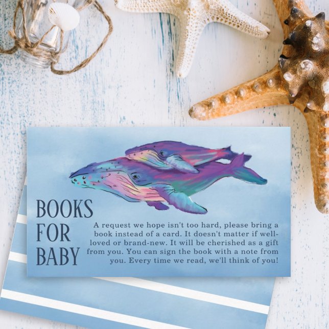 Tarjeta De Recepción Libros de Baby Shower de ballena para bebé (Artistic painted whale and whale calf with a blue watercolor background diaper raffle.)