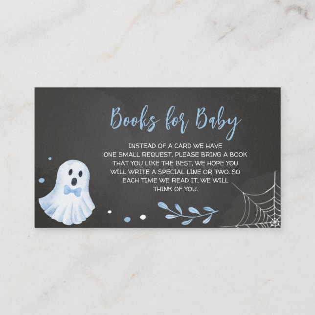 Tarjeta De Recepción Libros de Baby Shower de Halloween fantasma azul p (Anverso)