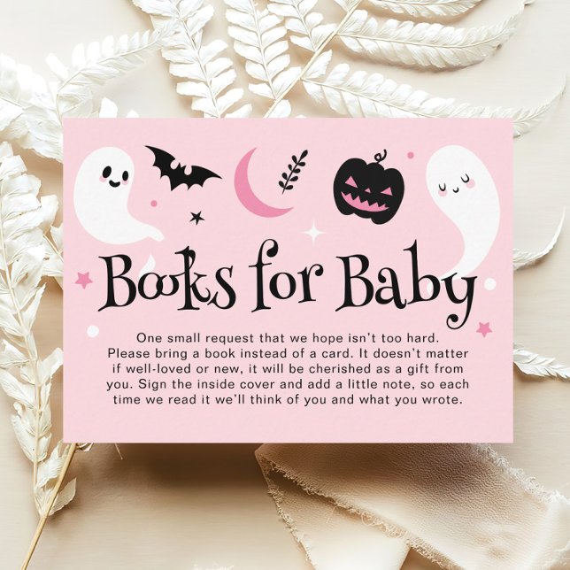 Tarjeta De Recepción Libros de Baby Shower de Halloween rosados para be (Subido por el creador)