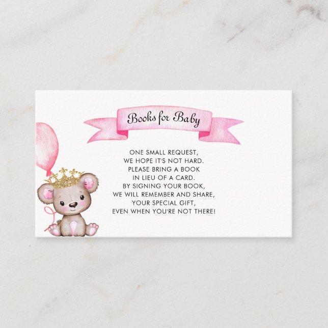 Tarjeta De Recepción Libros de Baby Shower para oso rosa para bebé (Anverso)