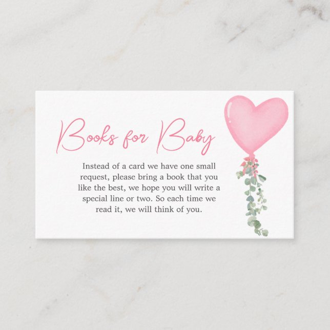 Tarjeta De Recepción Libros de Baby Shower sobre globos rosados de San  (Anverso)