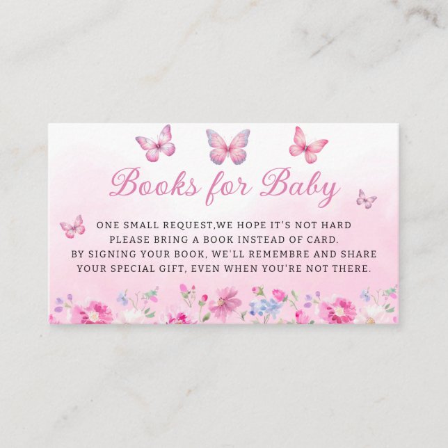 Tarjeta De Recepción Libros de Baby Shower sobre mariposa floral rosa p (Anverso)