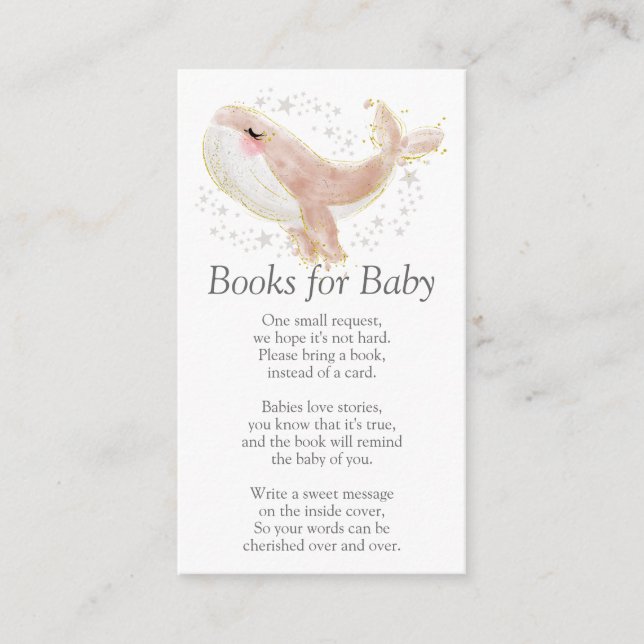Tarjeta De Recepción Libros de ballena rosada y dorada para Baby Shower (Anverso)