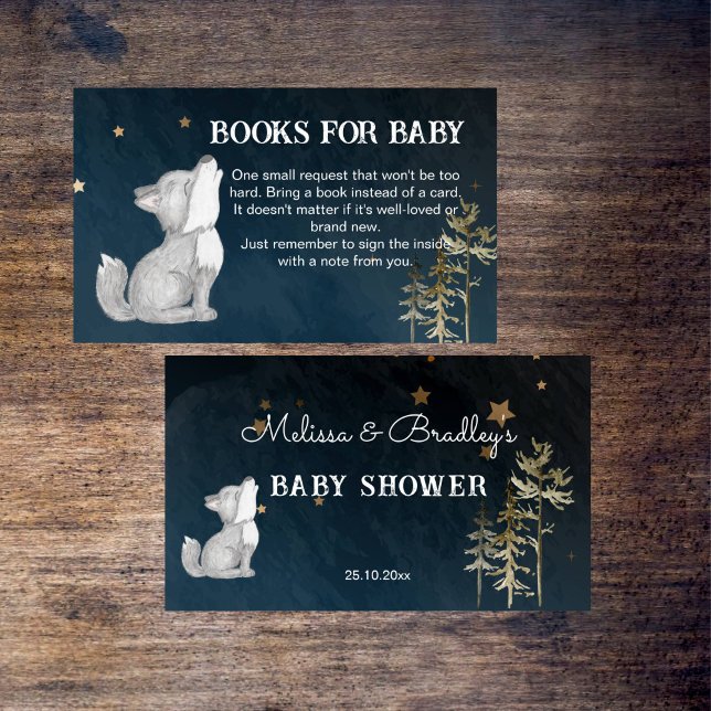 Tarjeta De Recepción Libros de bebés con temática de lobo pequeño para  (Little wolf themed baby shower books for baby enclosure card woodlands baby shower books request )