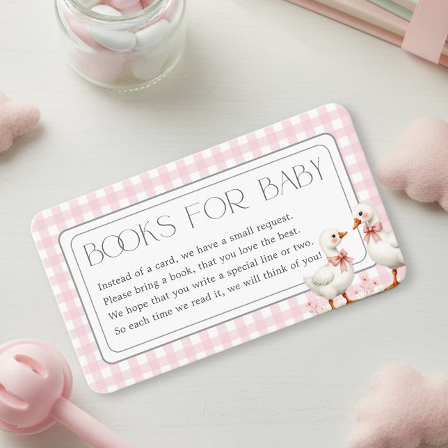 Tarjeta De Recepción Libros de Chicas Goose Pink Gingham para Baby Show (Goose Pink Gingham Girl Books for Baby Shower Enclosure Card)
