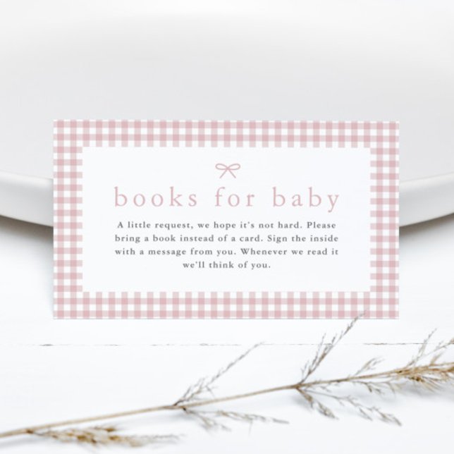 Tarjeta De Recepción Libros de Chicas rosados Gingham Dusty para Baby S (Dusty pink bow gingham girls books for baby shower  enclosure cards.)