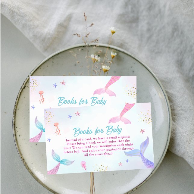 Tarjeta De Recepción Libros De Cola De Sirena De Verano En El Océano Pa (Ocean Summer Mermaid Tail Books For Baby Shower Enclosure Card)