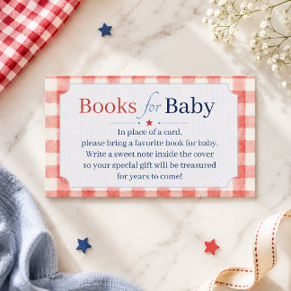 Tarjeta De Recepción Libros de cuadros rojos blancos y azules para baby