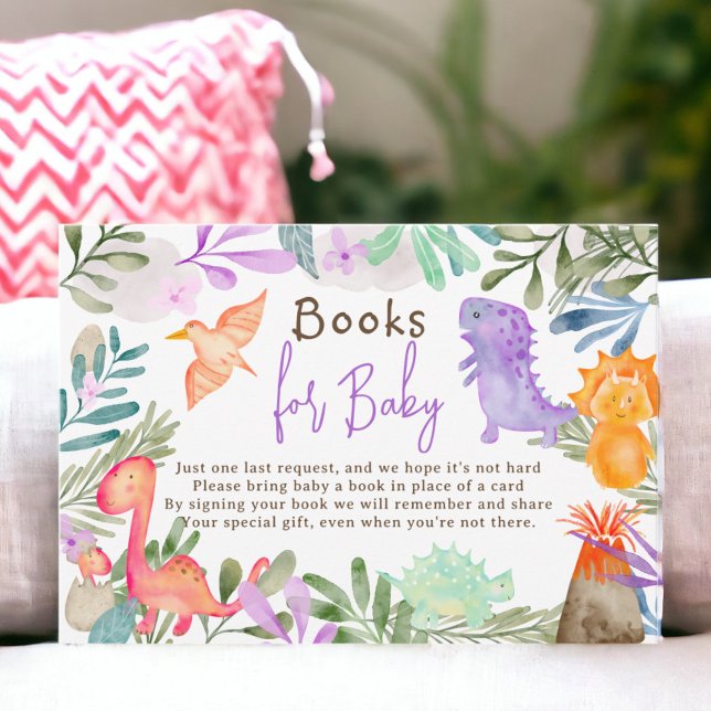 Tarjeta De Recepción Libros de dinosaurios en acuarela para baby shower (Cute watercolor dinosaurs books for baby shower enclosure card)