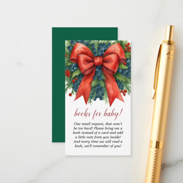 Tarjeta De Recepción Libros de ducha de bebé para Navidad con lazo rojo (Anverso/Reverso In Situ)