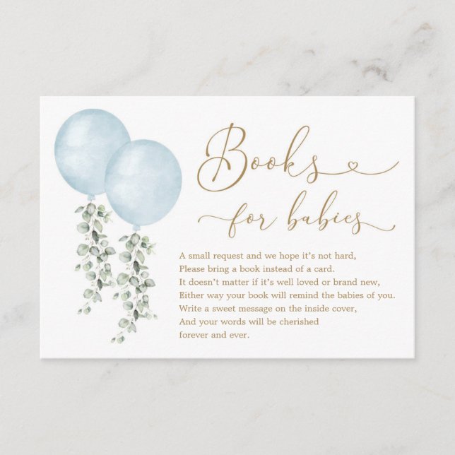 Tarjeta De Recepción Libros de eucalipto con globo azul para bebés geme (Anverso)