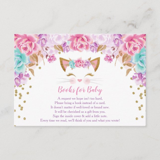 Tarjeta De Recepción Libros de gatitos florales verde azulados de oro r (Anverso)