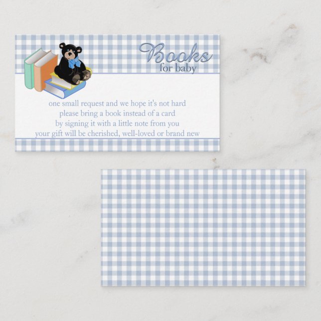Tarjeta De Recepción Libros de Gingham azul para bebé (Anverso / Reverso)