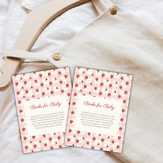 Tarjeta De Recepción Libros De Gingham De Fresas Rosadas Para Baby Show (Pink Strawberry Gingham Books For Baby Shower Enclosure Card)