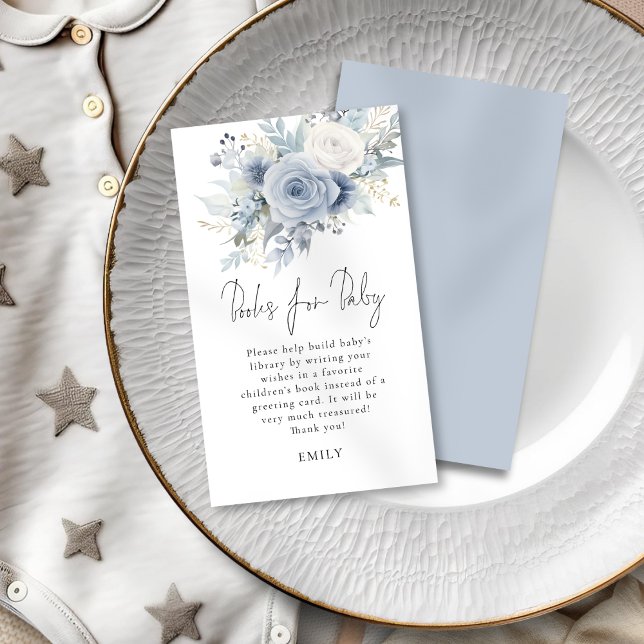 Tarjeta De Recepción Libros De Guiones De Flores Azules Dusty Para Baby (Front and back view)