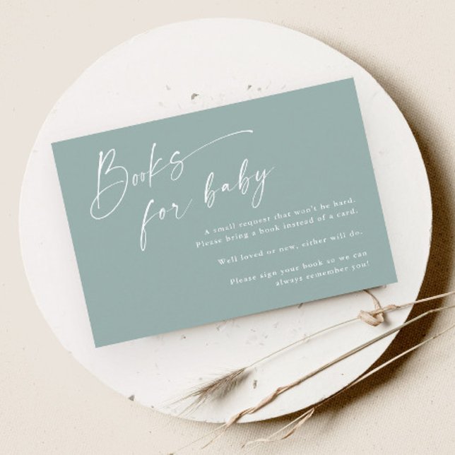 Tarjeta De Recepción Libros de guiones para el Baby Shower neutral del  (Modern script gender neutral sage green baby shower books for baby enclosure card.)