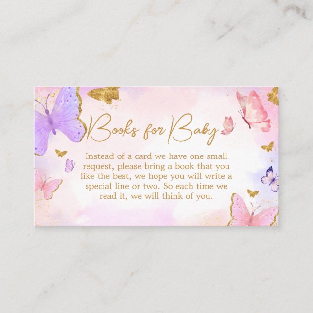 Tarjeta De Recepción Libros de mariposa morada de oro rosado para bebé (Anverso)