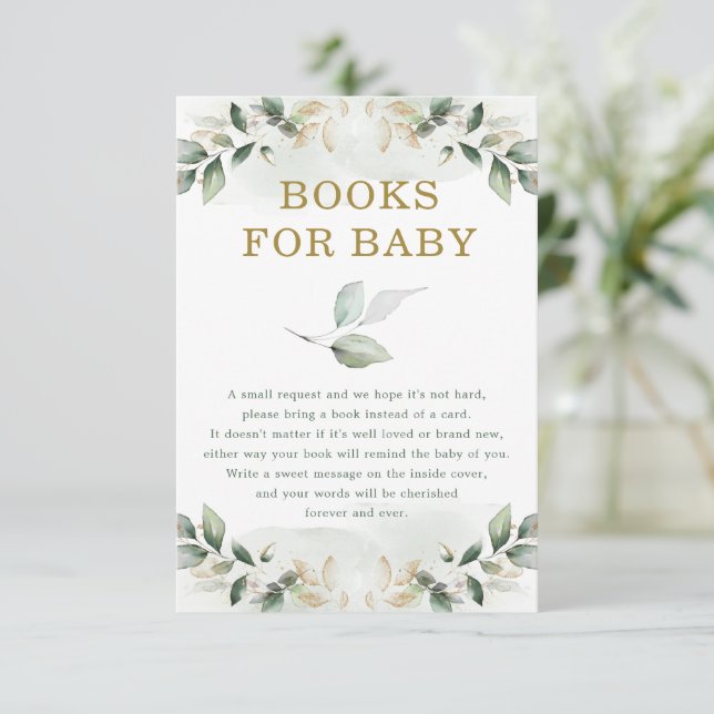 Tarjeta De Recepción Libros de oro de verde botánico de moda para Baby  (Anverso de pie)