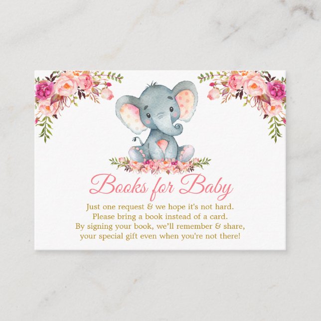 Tarjeta De Recepción Libros De Oro Elefante Rosa Floral Para Baby Showe (Anverso)