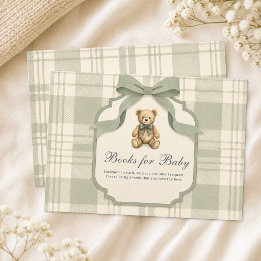Tarjeta De Recepción Libros de osito de gingham verde salvia para bebé