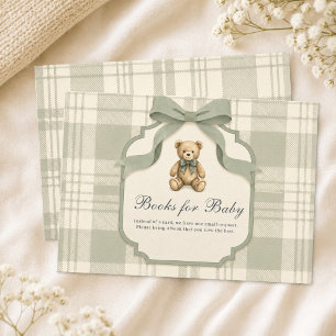 Tarjeta De Recepción Libros de osito de gingham verde salvia para bebé