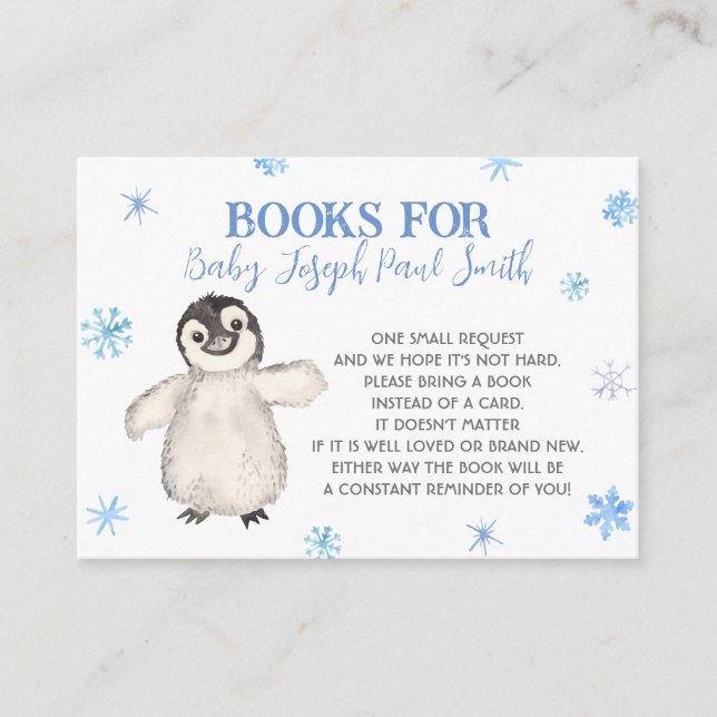 Tarjeta De Recepción Libros de pingüino para bebé, copos de nieve traen (Anverso)