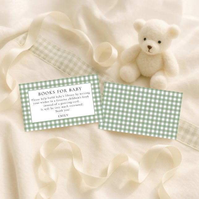 Tarjeta De Recepción Libros De Sage Gingham Para Baby Shower (Front and back view)
