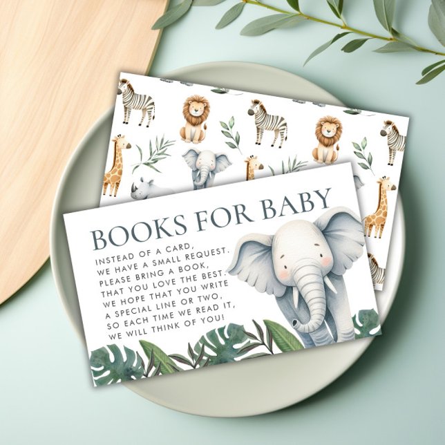 Tarjeta De Recepción Libros de vegetación para bebes de animales salvaj (Cute Jungle Safari Animals Greenery Books for Baby Enclosure Card)