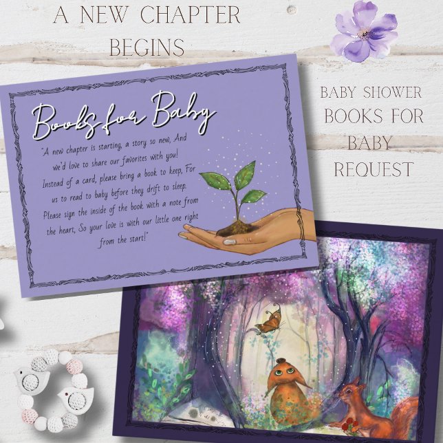 Tarjeta De Recepción Libros del Bosque Morado para Solicitud de Bebé (Woodland Purple Forest Books for Baby Request Enclosure Card)