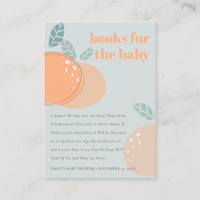 Tarjeta De Recepción Libros Dusky Blue Naranja Fruity Para Baby Shower (Anverso)