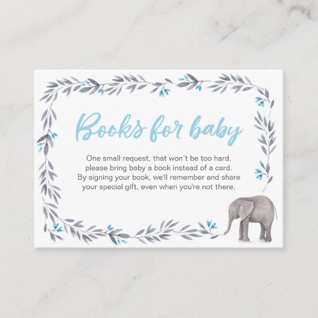 Tarjeta De Recepción Libros elefantes de Baby Shower para bebé azul (Anverso)