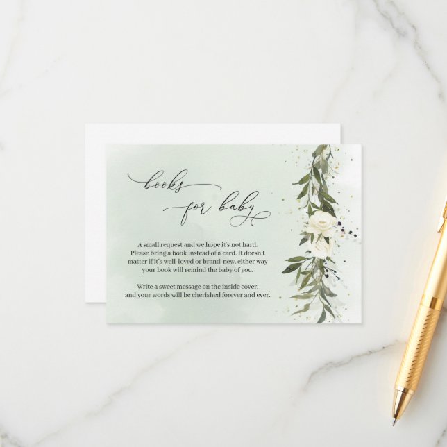 Tarjeta De Recepción Libros Florales Blancos De Oliva Verde Para El Beb (Anverso/Reverso In Situ)
