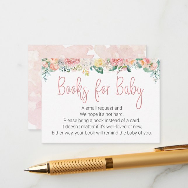 Tarjeta De Recepción LIBROS Florales de acuarela rosa para BEBÉ (Anverso/Reverso In Situ)