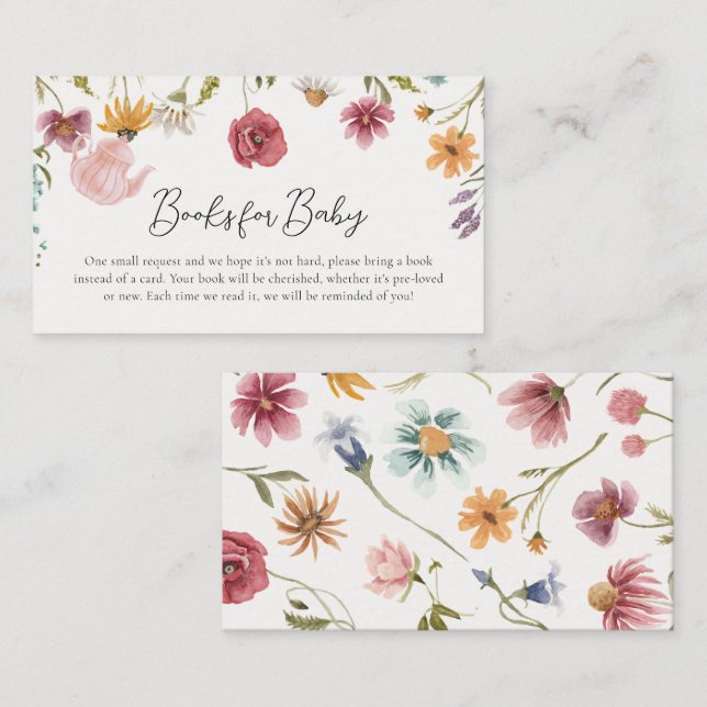 Tarjeta De Recepción Libros florales de Baby Shower sobre té para bebés (Anverso / Reverso)