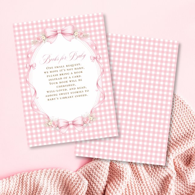 Tarjeta De Recepción Libros Florales de Lazo de Gingham Rosa para Bebé (Pink Gingham Bow Floral Books For Baby Enclosure Card)