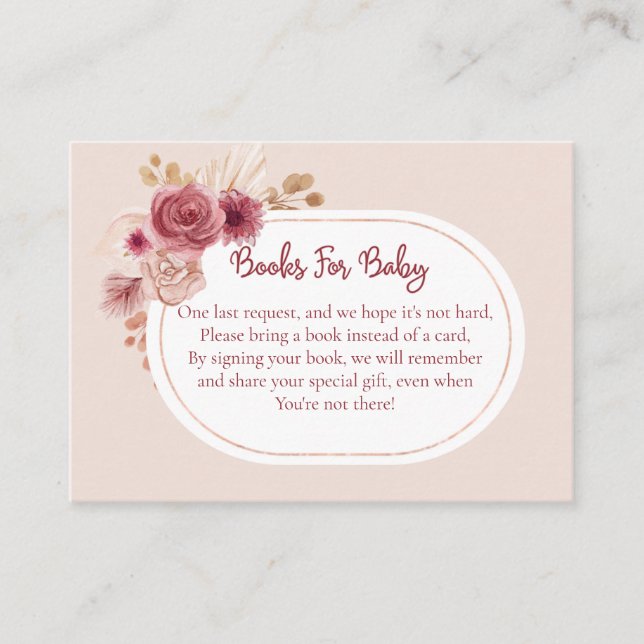 Tarjeta De Recepción Libros Florales Rosa Boho para Bebé (Anverso)