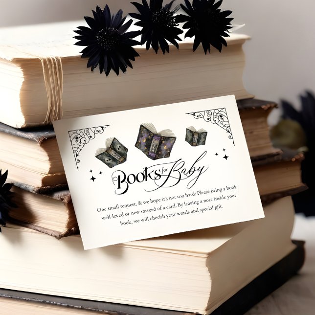 Tarjeta De Recepción Libros góticos libros de Baby Shower de Halloween  (Gothic Halloween Skeleton Hands Books for Baby Enclosure Card (Front))