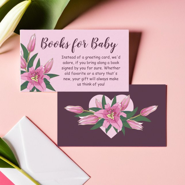 Tarjeta De Recepción Libros lirios en floración rosa y púrpura profunda (Pink and Deep Purple Blooming Lily Books for Baby Enclosure Card)